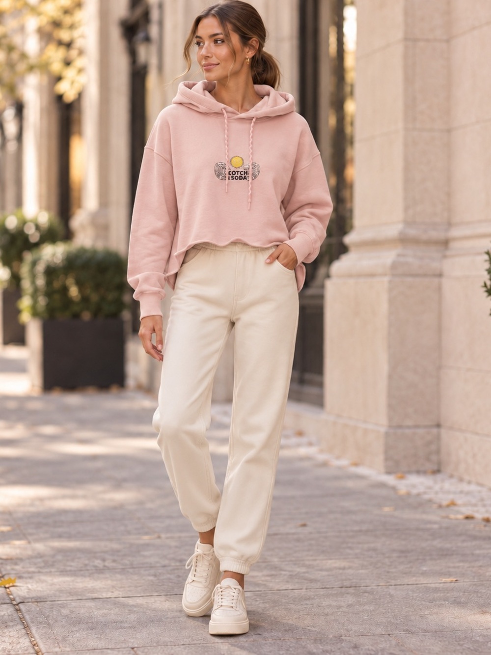 Scotch & Soda' Peach Pink Cropped Hoodie with Sun Graphic